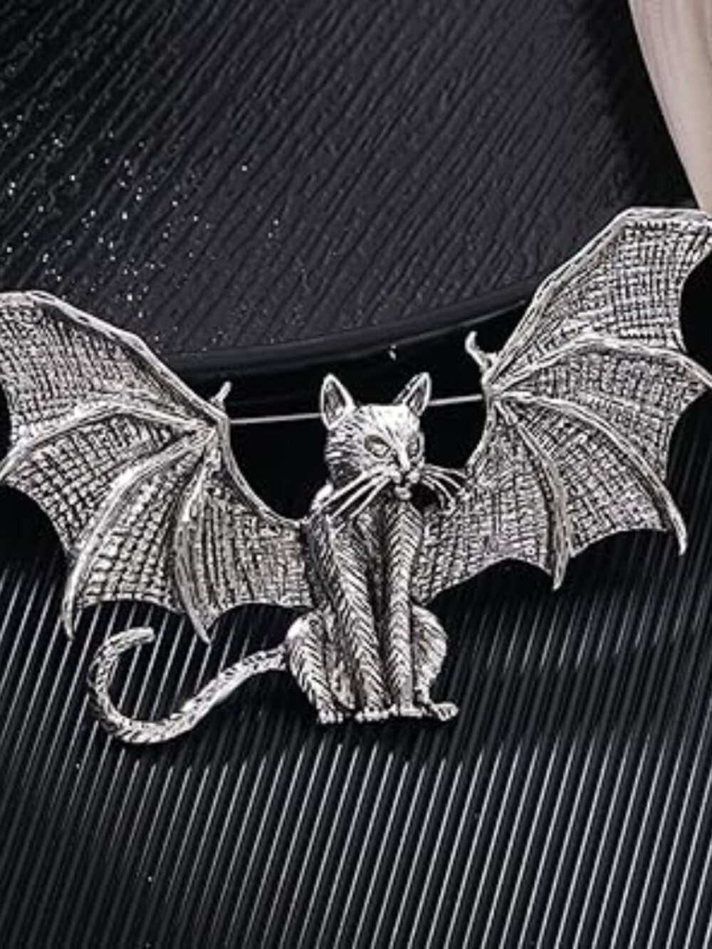 Bat Cat Silver Antique Tone Brooch Lapel Pin Goth Punk